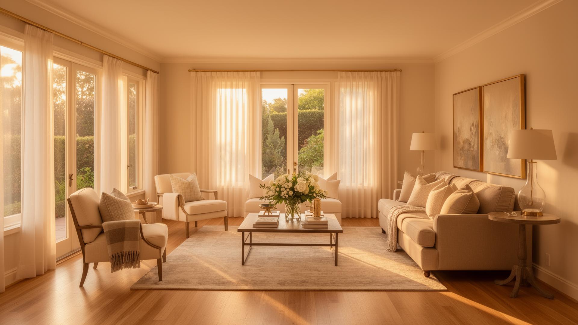 A warm, sunlit California living room prepared for market